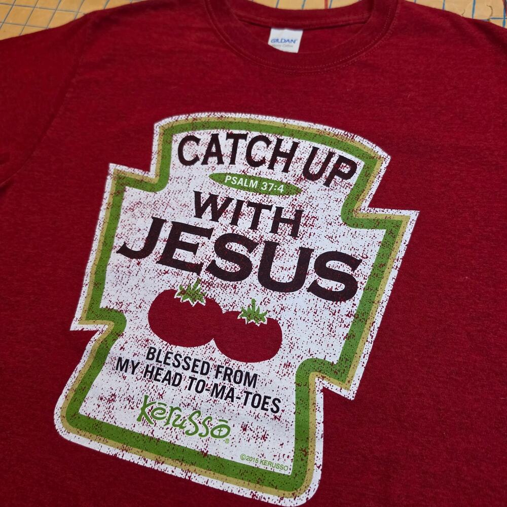 Heather Maroon Catch Up With Jesus Christian Humor Tee Small